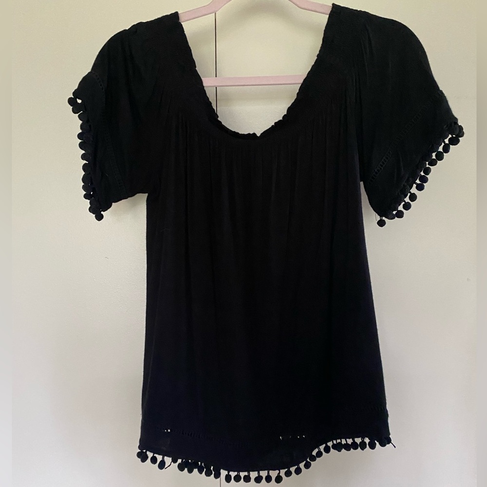 Off the Shoulder Black Top w/ PomPom Trim